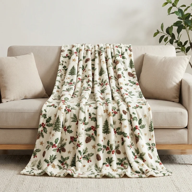 Festive throw blanket on modern sofa