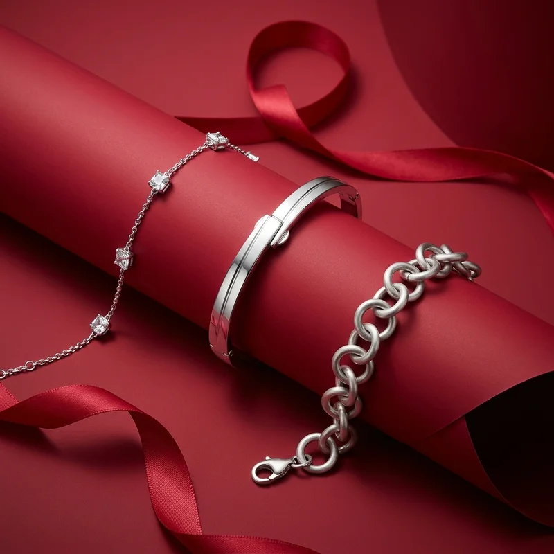 Elegant silver bracelets on red