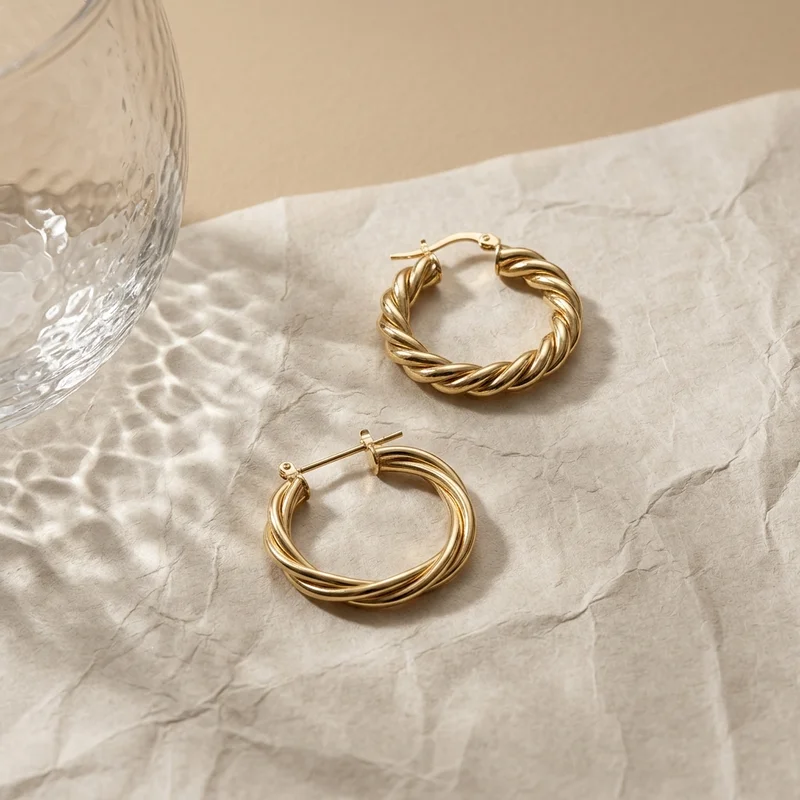 Gold twisted hoops on textured paper