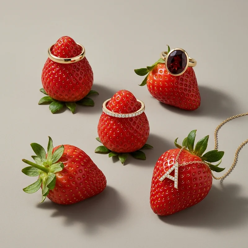Gold jewelry on fresh strawberries