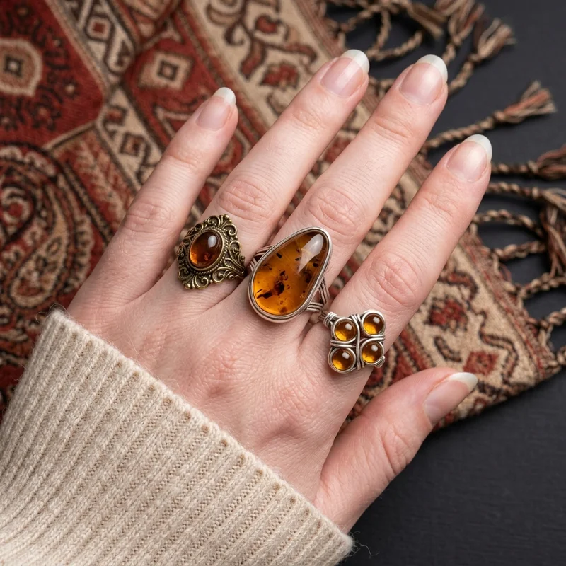 Bohemian amber rings on hand