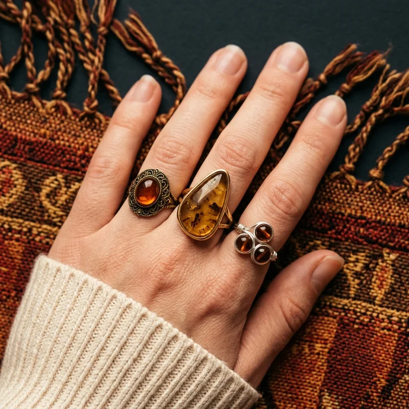 Vintage amber rings on hand