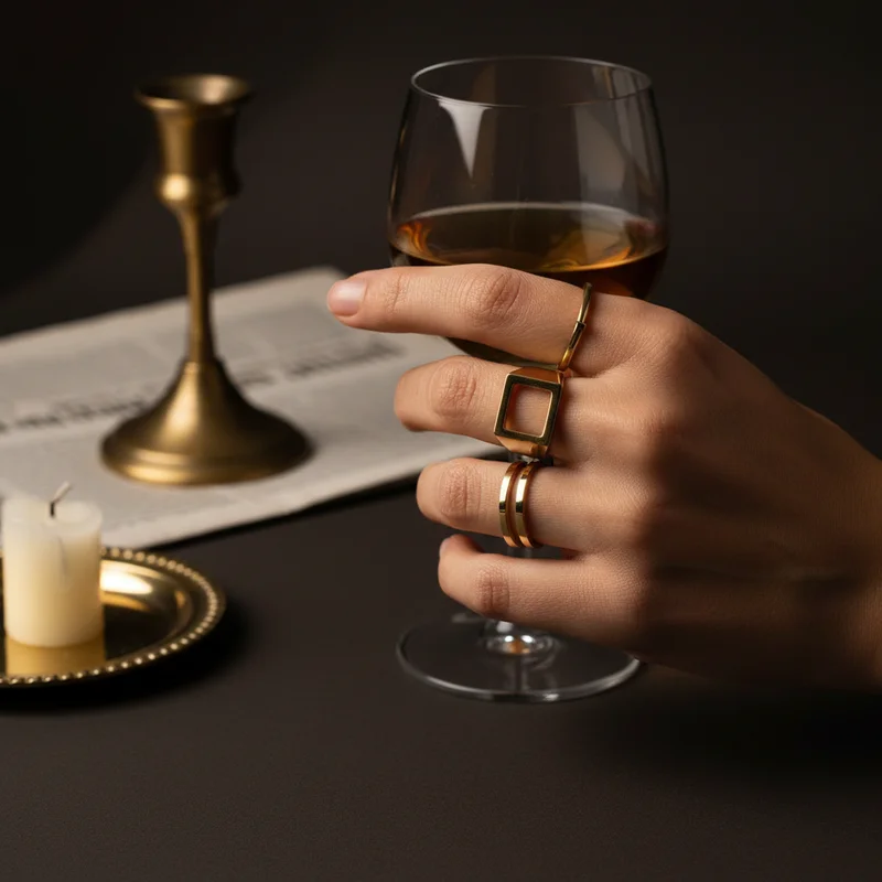 Chic gold rings and dark nails
