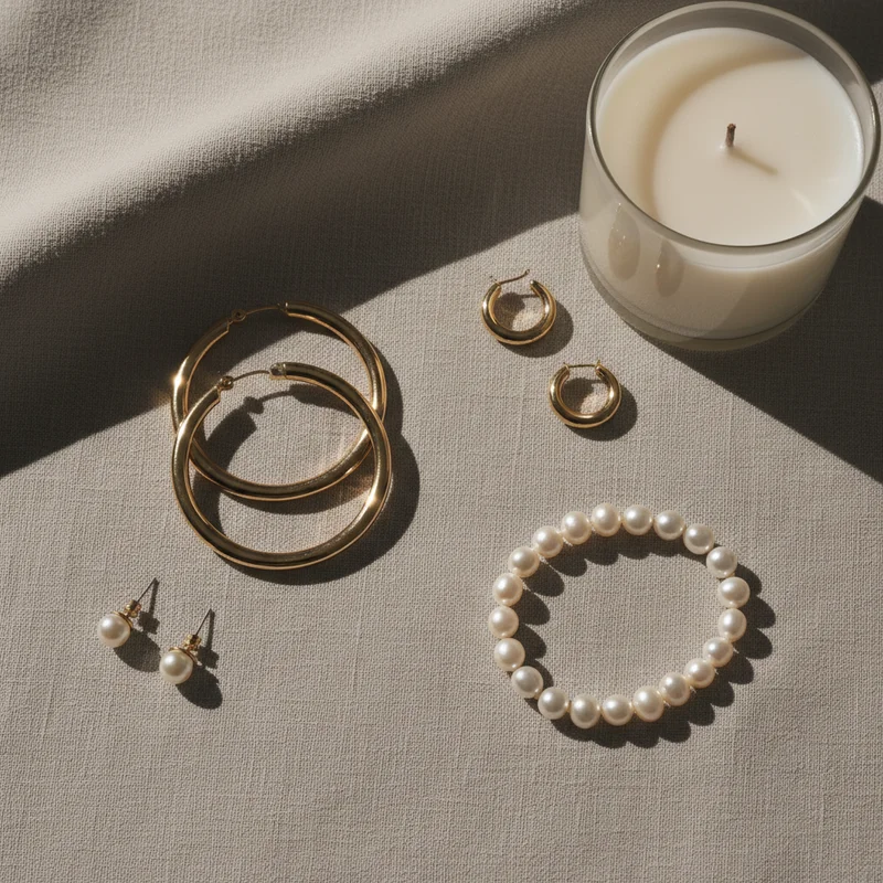 Elegant jewelry and candle flat-lay