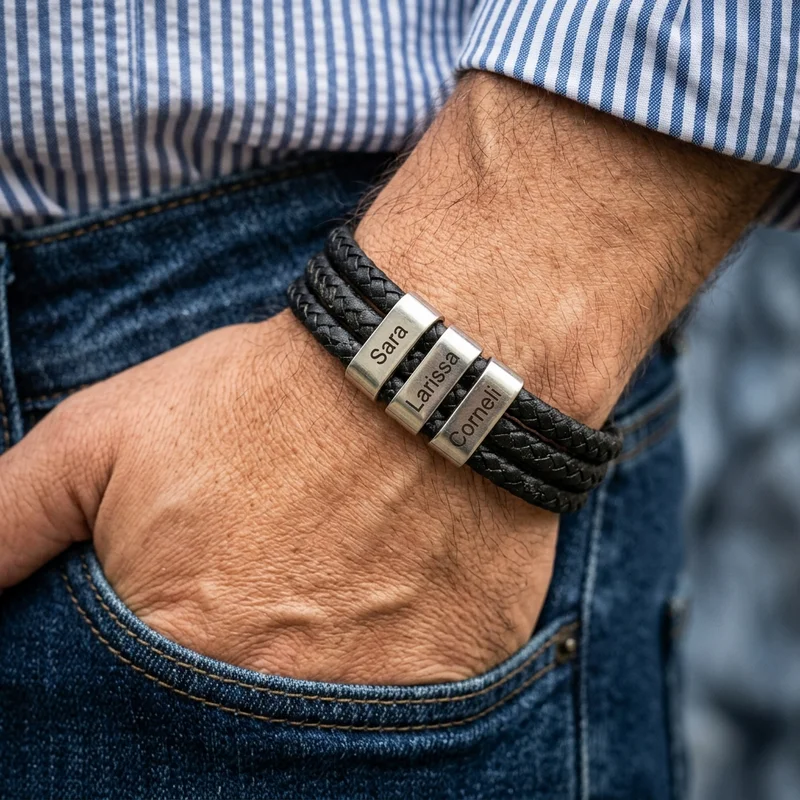 Men's custom engraved leather bracelet