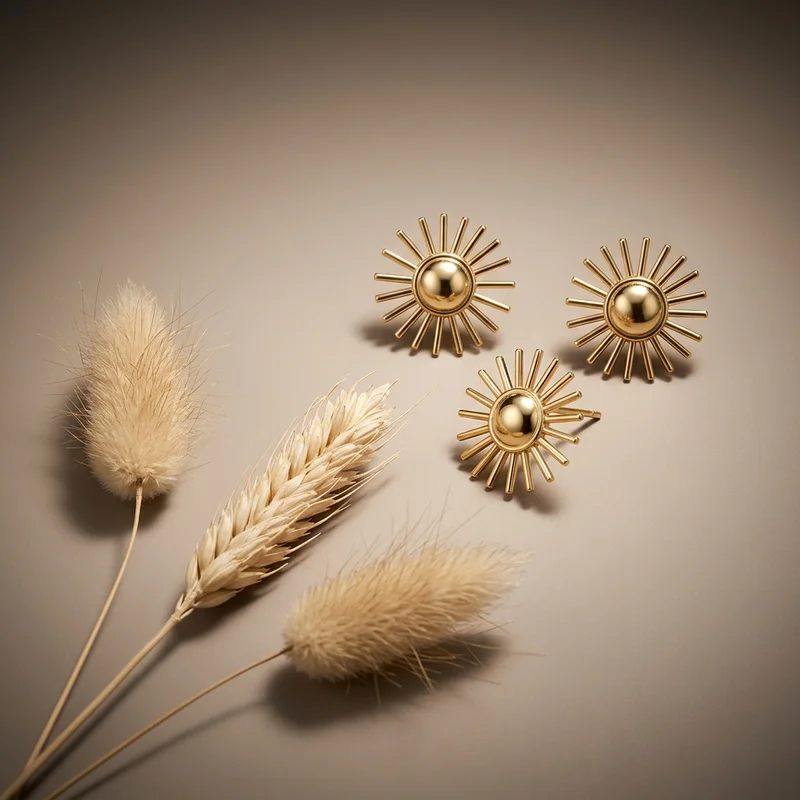 Gold sunburst earrings on beige