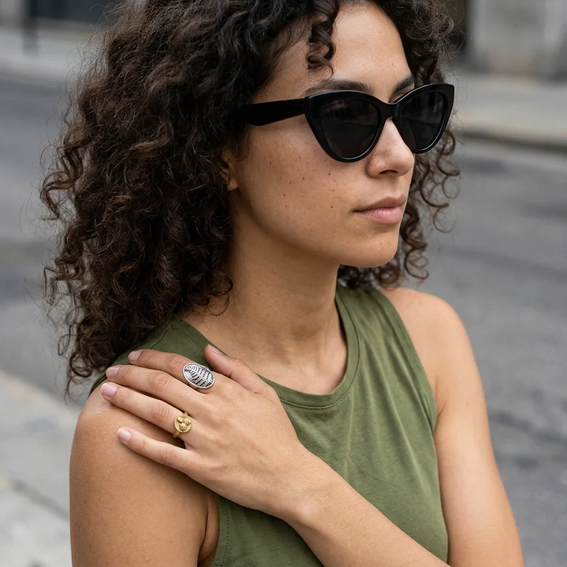 Chic accessories on model outdoors