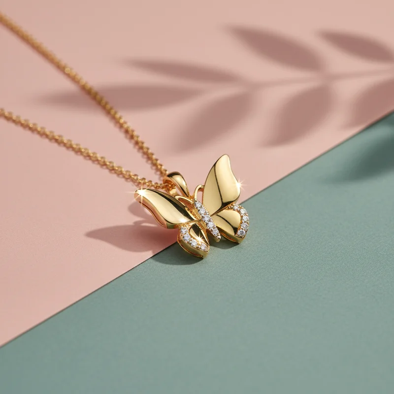 Gold butterfly necklace on pink and green