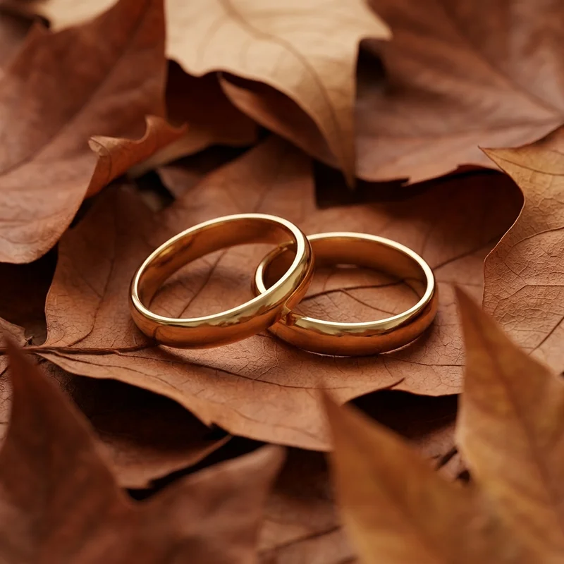 Golden rings on autumn leaves