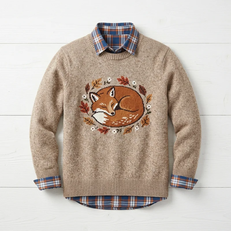 Cozy fox sweater and plaid shirt