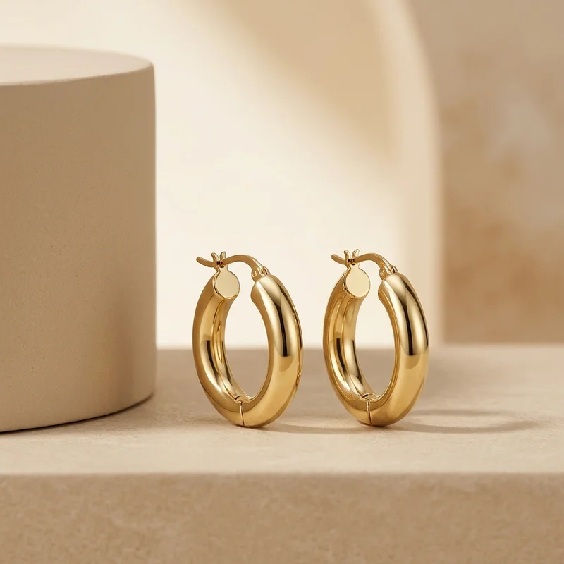 Minimalist gold hoops on beige