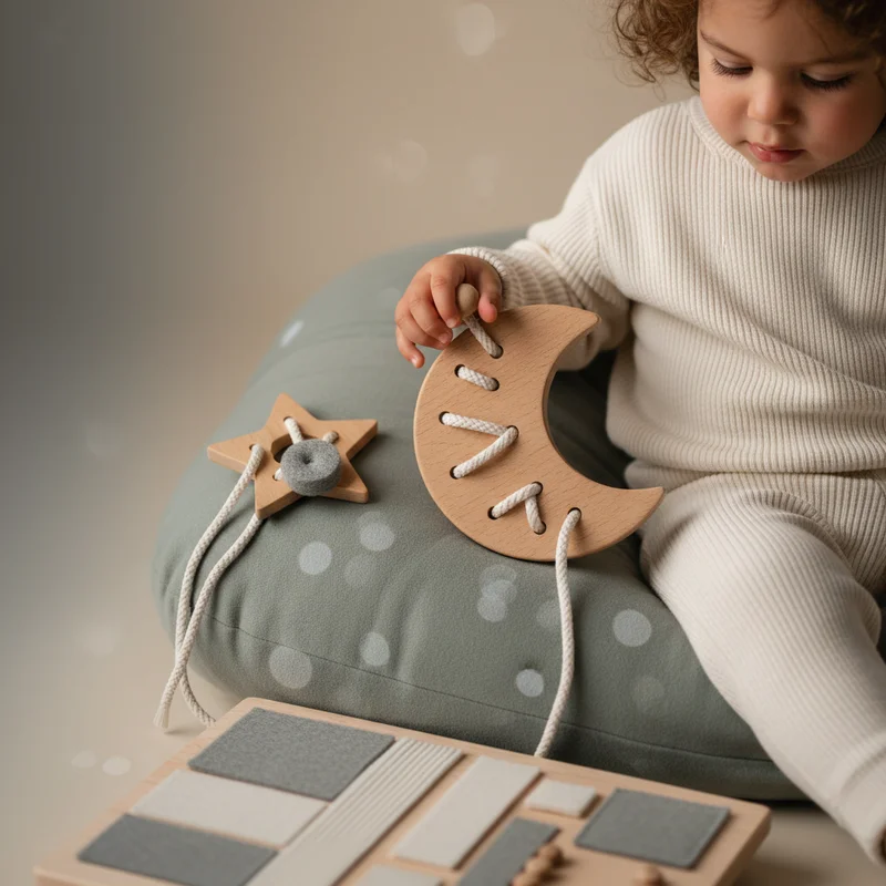 Toddler playing with wooden toys