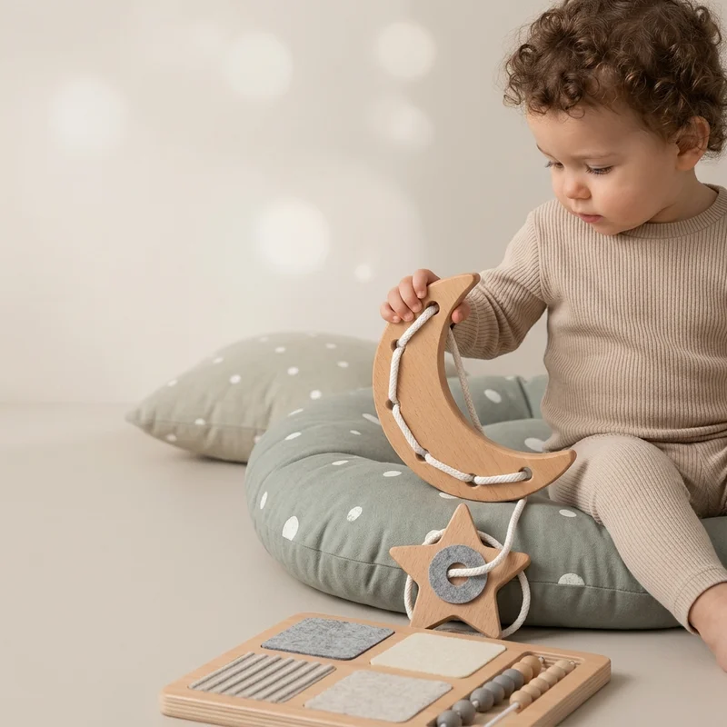 Toddler playing with wooden toys