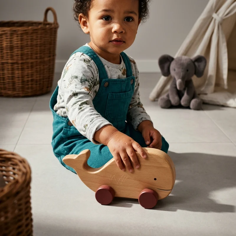 Natural wooden toy car scene