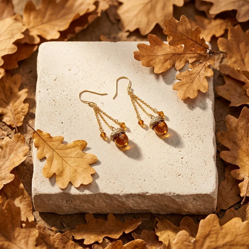 Autumn acorn earrings on stone