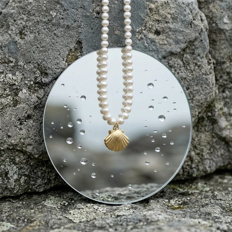 Pearl necklace on wet mirror and rock