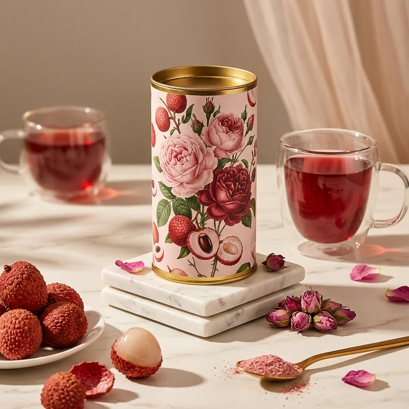 Rose and lychee tea tin setup