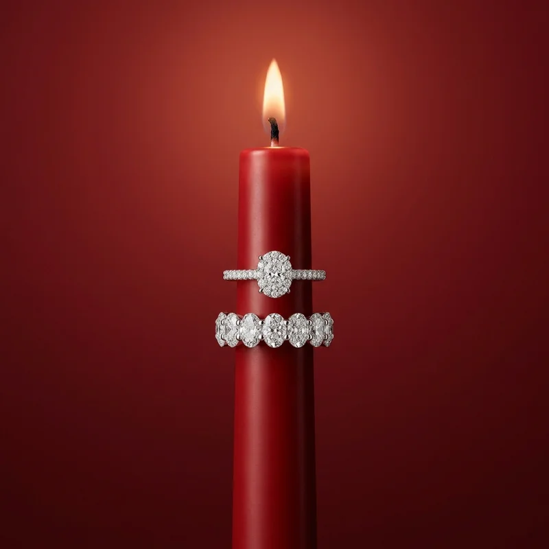 Diamond rings on a lit red candle