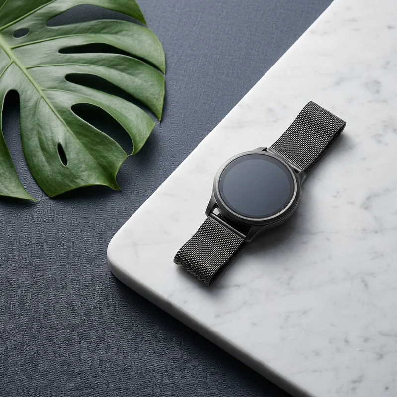 Modern watch on marble with leaf