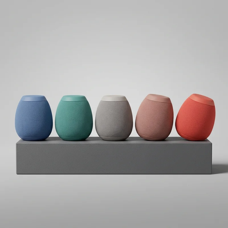 Colorful smart speakers on gray ledge
