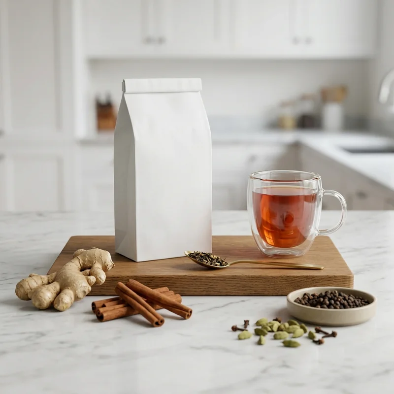 Cozy spiced tea in marble kitchen