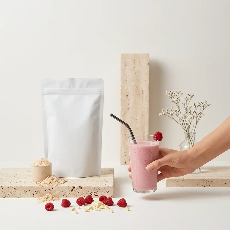 Raspberry smoothie and powder pouch