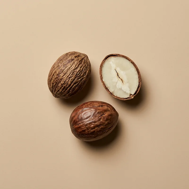 Nutmeg seeds on beige background