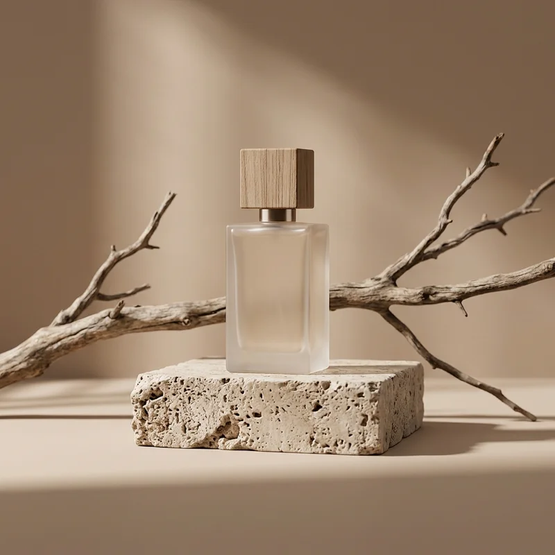 Earthy perfume on stone pedestal