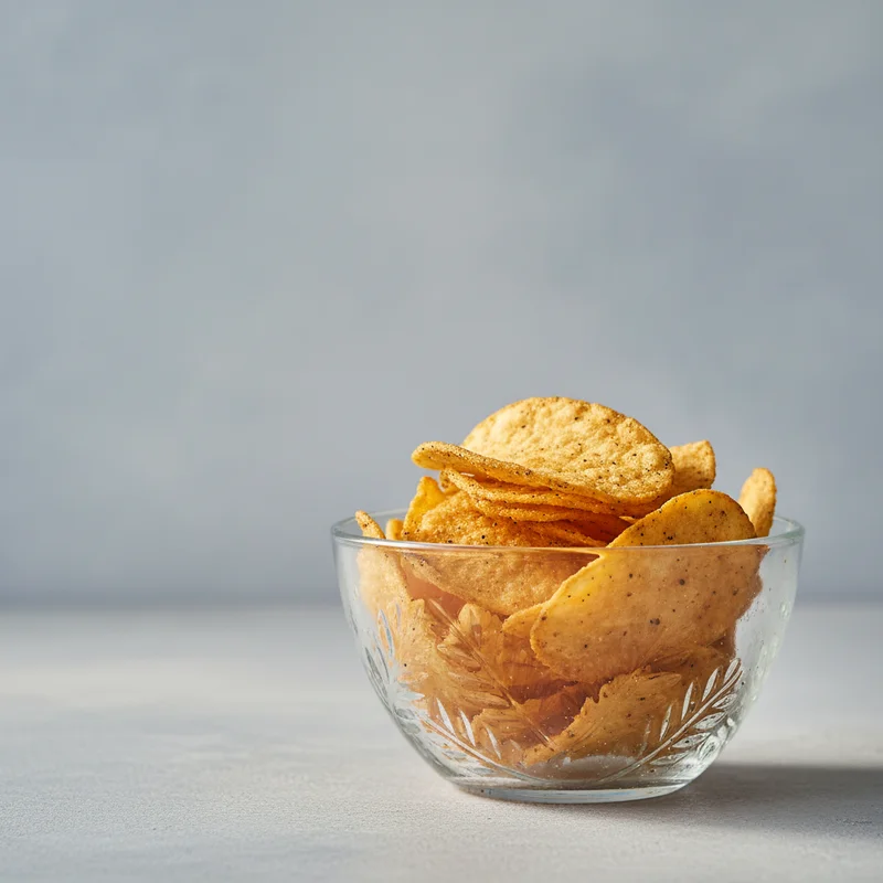 Crispy tortilla chips in glass bowl