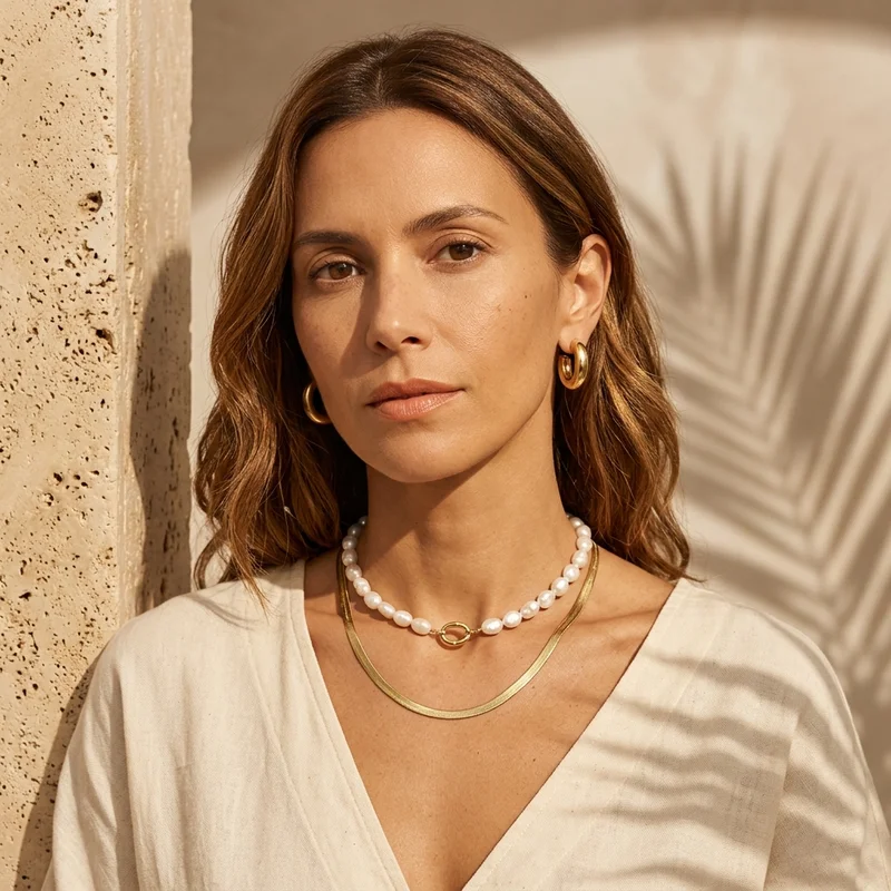 Luxury gold & pearl necklaces on model