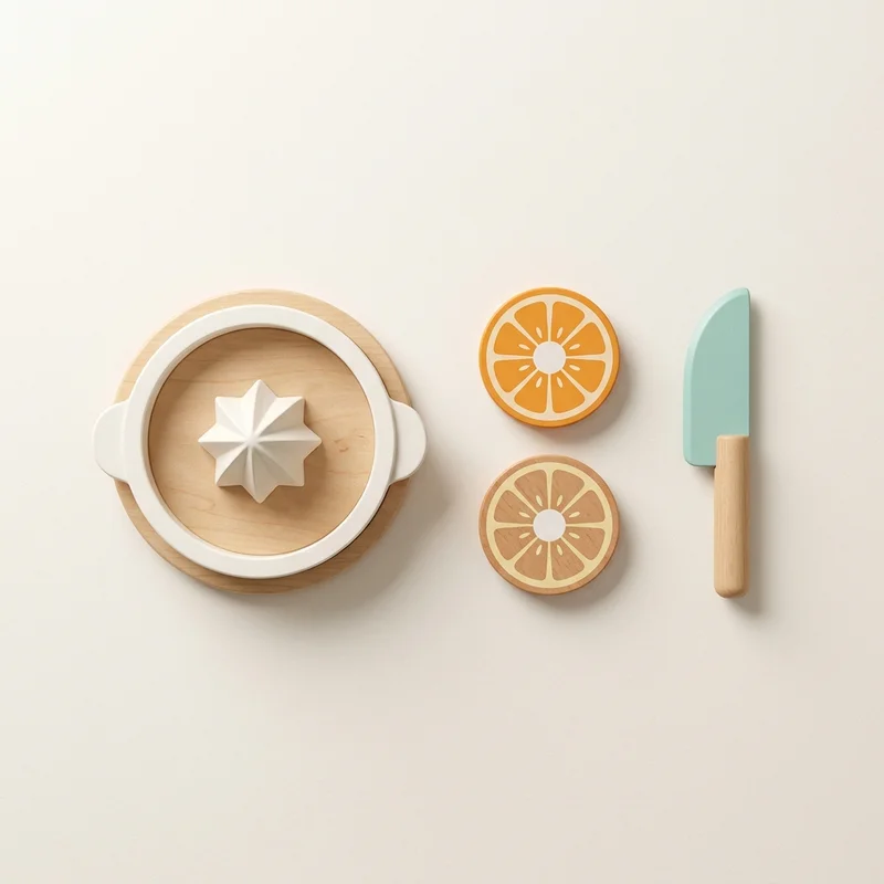 Wooden toy juicer set flat lay