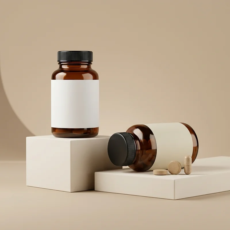 Natural wellness supplement bottles