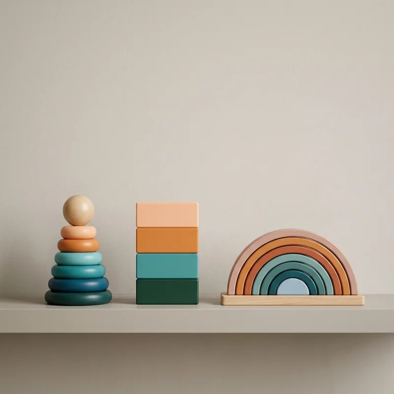 Modern wooden toys on shelf
