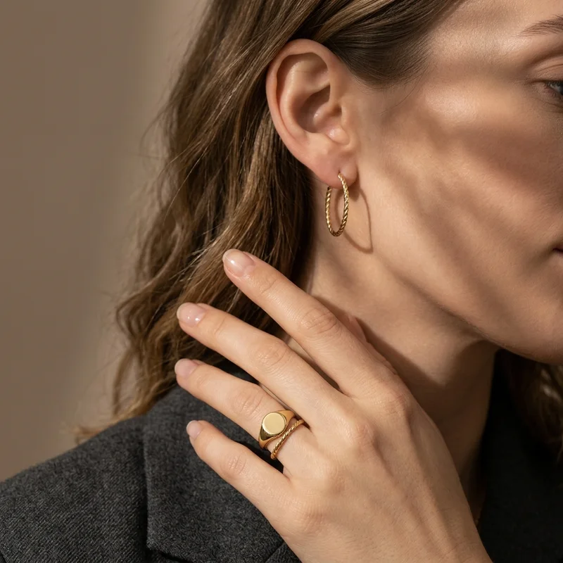 Minimalist gold jewelry on model