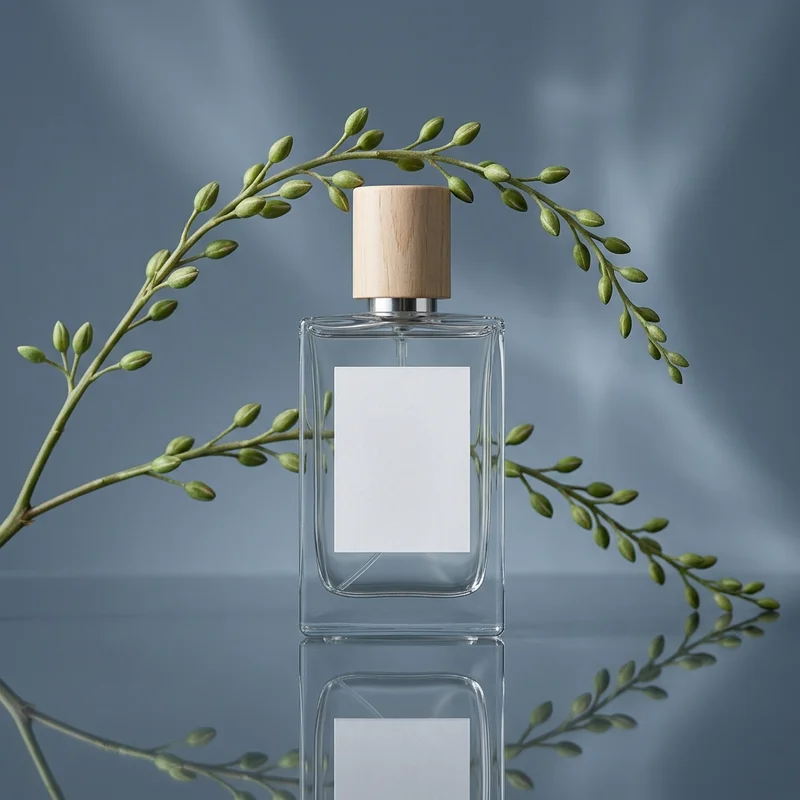 Botanical perfume on reflective blue