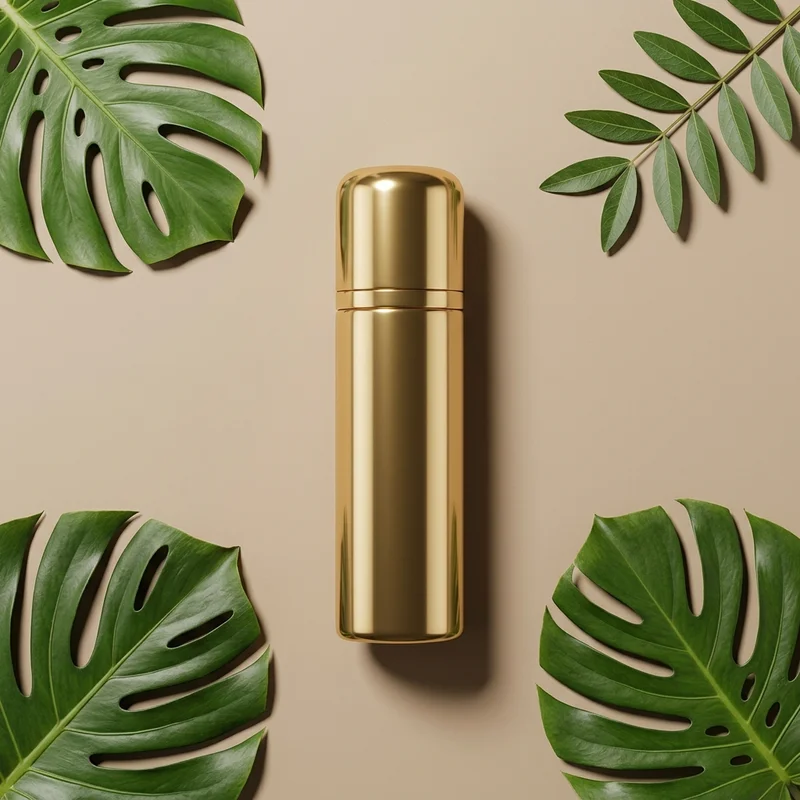 Gold bottle with tropical leaves
