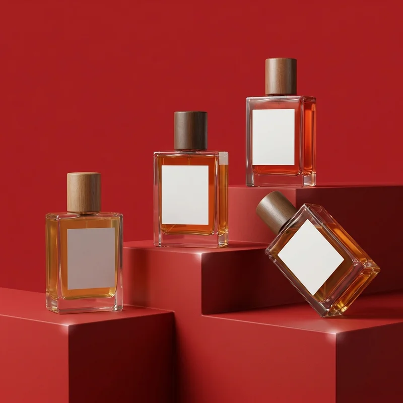 Modern perfume bottles on coral podiums