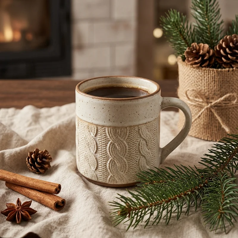 Cozy winter cable-knit mug scene