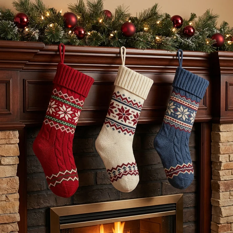 Festive knitted stockings on mantel