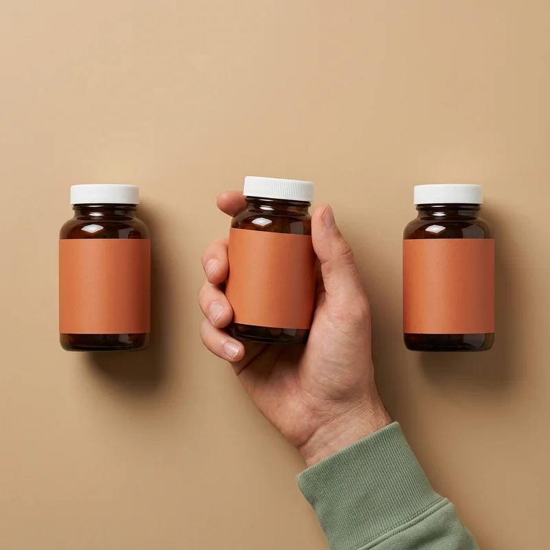 Hand holding amber supplement bottles