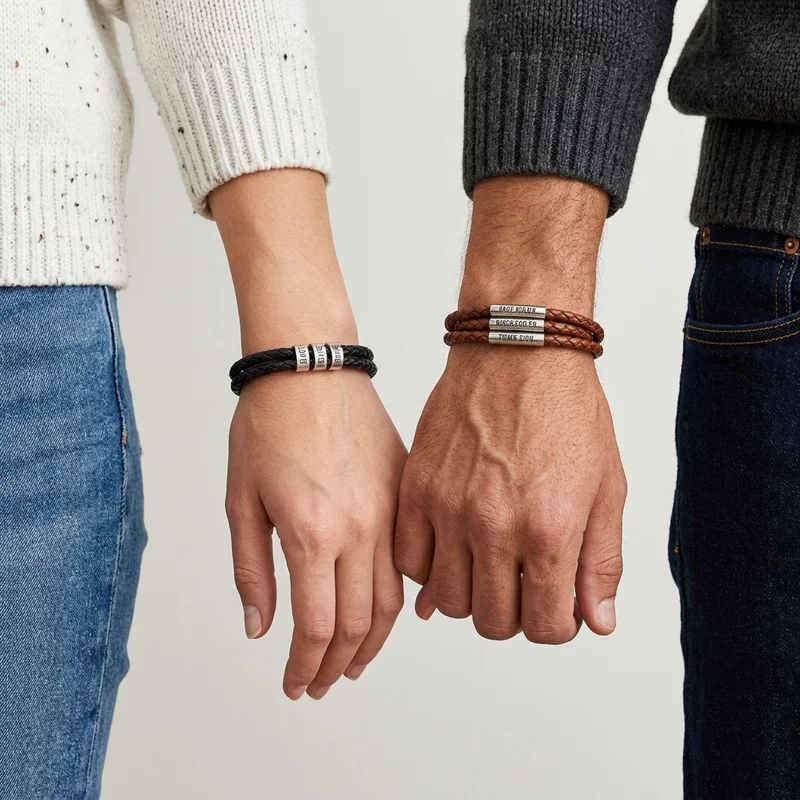 Matching couple bracelets holding hands