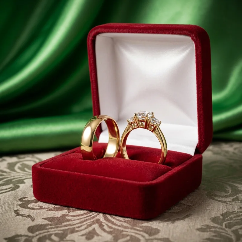 Gold and diamond ring set in red velvet