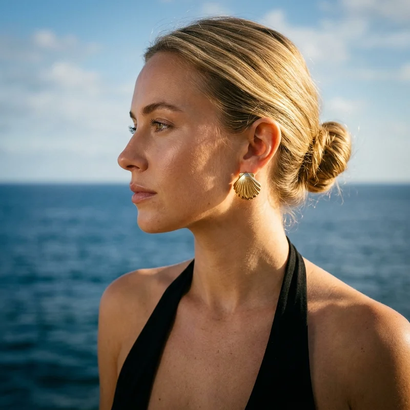 Gold shell earring by the ocean