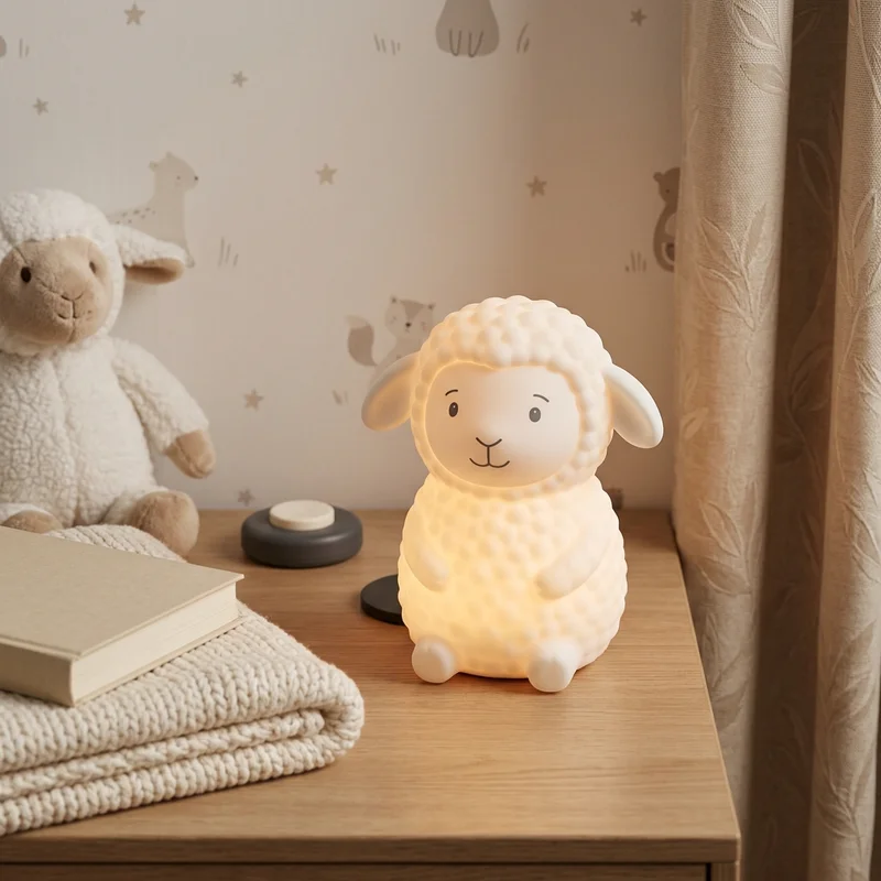 Cozy sheep night light on wooden nightstand