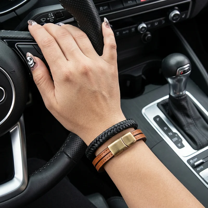 Leather bracelets driving scene