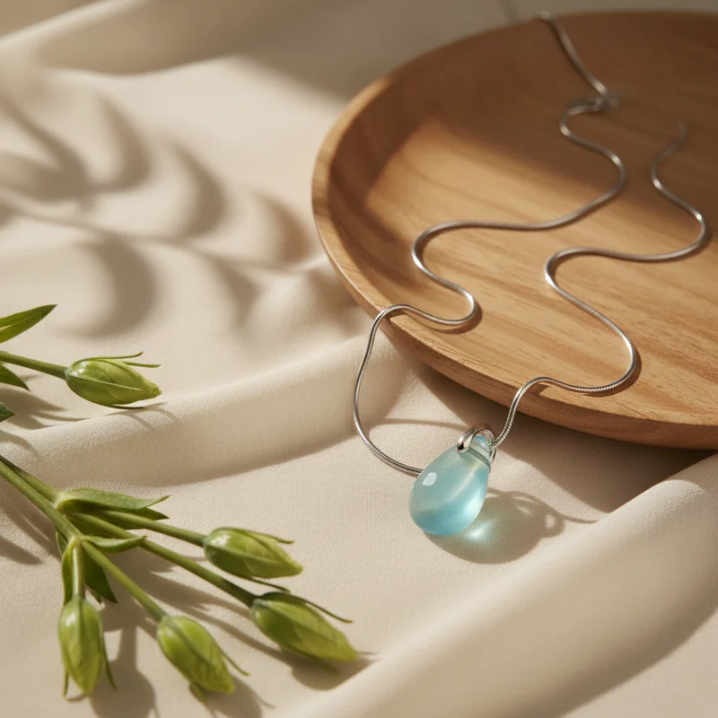 Elegant blue pendant on wood