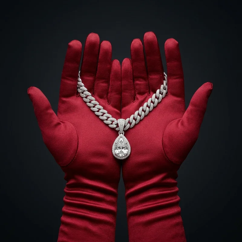 Luxury diamond necklace in velvet gloves