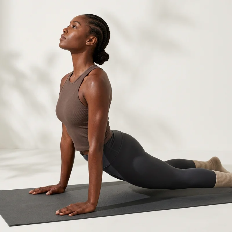 Yoga pose in sun-dappled studio