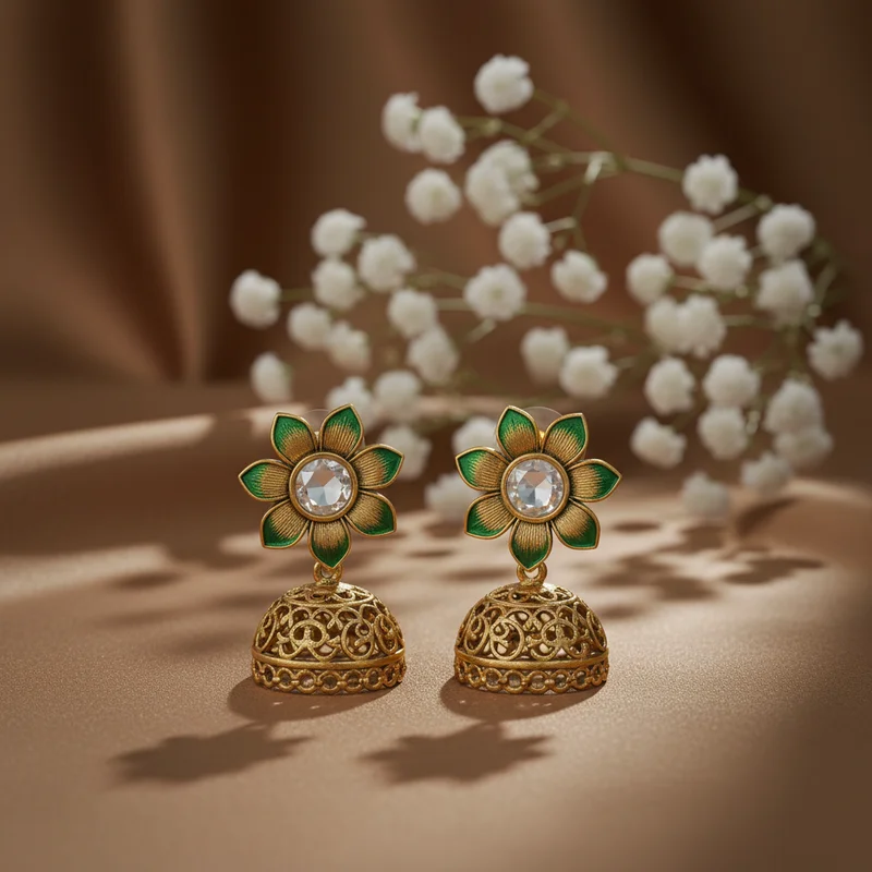 Elegant floral gold jhumka earrings