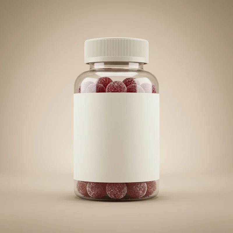 Red gummies in clear jar